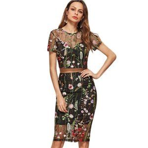 Super cute Embroidered Mesh Overlay Crop Top With Pencil Skirt